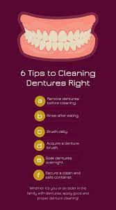 If you wear dentures it is essential to clean them every day and sanitize them on a weekly basis in order to properly care for them. 6 Tips To Cleaning Dentures Right How To Clean Dentures Dentures Tips Dentures Tips New