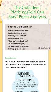 Line one, natures first green is gold, indicates nature's first green is youth, because every living thing begins with youth. The Outsiders Nothing Gold Can Stay Poem Analysis Interactive Worksheet By Renee Sullivan Wizer Me