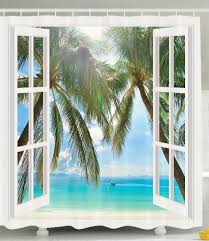 Samudera Decor Shower Curtain Oleh Palm Trees Tropical Paradise Island Beach Nature Jendela Kayu Adegan Kain Kamar Mandi Set Shower Tirai Aliexpress