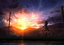 Original anime landscape sunset sky cloud beautiful tree park children city anime scenery theatrical scenery anime background. Hd Wallpaper Anime Girl Bicycle Sunset Scenic School Uniform Mountain Wallpaper Flare