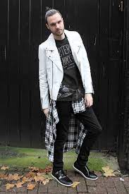 Men S White Leather Biker Jacket Black And White Plaid Long Sleeve Shirt Black And White Print Mesh Crew Neck T Shirt Black Skinny Jeans How To Wear White Jeans Leather Jacket Men White
