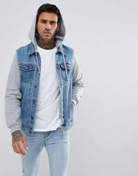 Pull Bear Denim Jacket With Jersey Sleeves And Hood In Blue Blue Denim Jacket Outfit Mens Jackets Fall Jean Jacket Outfits Men