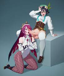 1boy absurdres bare shoulders blue hair braid breasts elbow  gloves erection fellatio female femboy femboy on female fishnet legwear  fishnets genshin impact gloves gradient hair habit hat heart heart-shaped