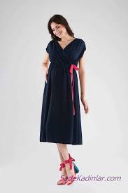 Hamile Abiye Elbise Modelleri Lacivert Midi Kruvaze Yaka Kolsuz Kumas Bagcikli Elbise Modelleri Elbise Moda Stilleri