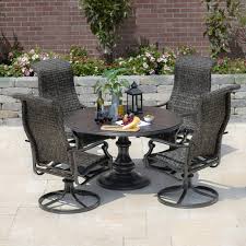 Du Monde 5 Piece Banana Leaf Wicker Patio Dining Set W 48 Inch Round Pedestal Dining Table Swivel Rockers By Lakeview Outdoor Designs Round Pedestal Dining Table Pedestal Dining Table Patio