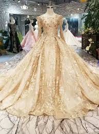 Champagne Gold Lace Ball Gown Long Sleeve Wedding Dress With Long Train Ball Gowns Wedding Dress Long Sleeve Gold Lace Dresses