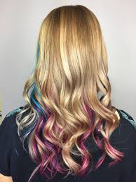 Pink Purple And Blue Teal Peekaboo Highlights Under Blonde Unicorn Hair Mermaid Hair Mermaid Hair Color Peekaboo Hair White Hair Color