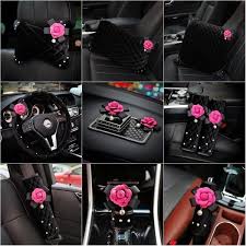 Black And Pink Car Black Velvet W Pink Camellia Car Accessories Steering Wheel Cover Seat Belt Cover Hand Brake Gear Shift Cover Pillow Cushion Girly Car Accessories Pink Car Accessories Cute Car Accessories
