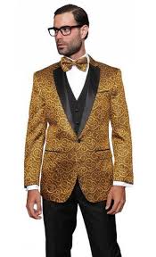 This fine coat features a silk, wool, and linen blend fabric, classic notch lapel, and charcoal tic pattern. Mens Single Breasted Gold Suit Jacket Gold Tuxedos Mensusa