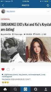 Exo's kai and krystal used to be a beautiful couple in the korean entertainment industry . Breaking News Exo Kai And F X Krystal Dating K Pop Amino