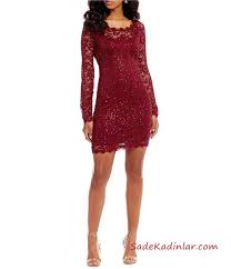 2019 Uzun Kollu Mini Gece Elbiseleri Bordo Kisa Uzun Kol Genis Yaka Boncuk Islemeli Dantel Mezunlar Gecesi Elbiseleri The Dress Elbise