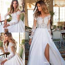 Discount Bohemian Country Wedding Dresses With Sheer Long Sleeves Bateau Neck A Line Lace Applique Chiffon Boho Bridal Gowns Cheap A Line Wedding Dresses With L Beach Wedding Dresses Backless Lace