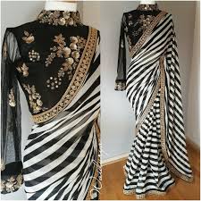 Black And White Striped Saree Blouse Mastani Beautiful Black And White Color Stripe Saree With Black Color Full Length Sleeve Blouse Blouse Wi Black And White Saree Indian Outfits Blouse Designs