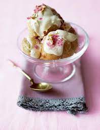 White Chocolate And Vanilla Profiteroles With Gold Leaf And Crystallised Rose Petals Recipe Profiteroles Desserts White Chocolate
