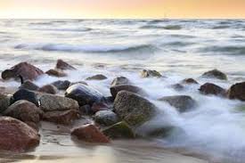 The sea is mostly obstructed by the trees. Sunset Over The Baltic Sea Pebbly Beach In Rozewie 1357310 Stock Photo At Vecteezy