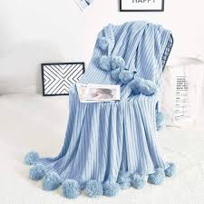 Alpaca wool blanket throw aqua blue turquoise striped plaid queen soft & warm. Amazon Com Fomoom Throw Blanket For Couch Blue Pom Pom Throw Blanket Knit Blanket With Pom Poms Fuzzy Fluffy Plush Soft Cozy Warm Knitted Cover Decorative Cotton Blanket For Sofa Bed Home