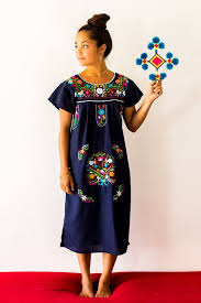 Women S Mexican Embroidered Dress Made In Mexico Navy Etsy Mexican Embroidered Dress Embroidered Dress Fiesta Dress
