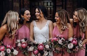 A Rose By Any Other Name How Gorgeous Does This Mix Of Rose Coloured Shona Joy Luxe Dresses Look Per Bridesmaid Wedding Carriage Horse And Carriage Wedding