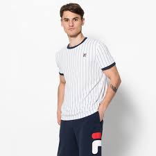 A line or long narrow section differing in color or texture from parts adjoining. Fila Shirt Stripes White White Fila Official