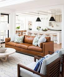 Bright And Airy Family Room With Cognac Leather Couch Farm House Living Room Couches Living Room Home Decor