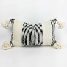 14 X 22 Striped Ivory And Black Pom Pom Lumbar Etsy Hand Woven Pillows Moroccan Throw Pillow Pillows