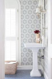 White And Blue Powder Room With Blue Penny Tile Floor Blue Powder Rooms Blue Penny Tile Room Wallpaper