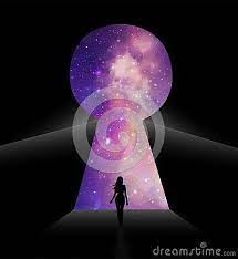 Star Gate Portal Into Universe And A Woman Silhouette Walking Through A Door Way Keyhole Concept For End Vector Illustration Vector Company Woman Silhouette