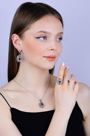 Ensemble de bijoux en pierres précieuses saphir 925K, ensemble de bijoux  Ottoman Design Queen, collier, bague et boucles d'oreilles de style vintage 