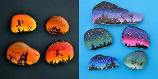 Halloween silhouette landscape painting is a fun beginner seasonal painitng that you can paint as a family. Magical Landscape Silhouette Painted Rocks For A Rock Hunt Adventure In A Box