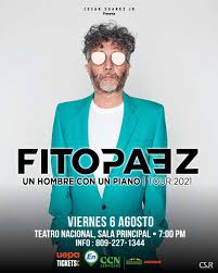 Ahora, en 2021, casi dos décadas después de enemigos íntimos, fito páez y joaquín sabina volverán a encontrarse para recibir un premio. Uepa Tickets Fito Paez Un Hombre Con Un Piano Tour 2021 Viernes 6 De Agosto 7 00 P M Sala Carlos Piantini Teatro Nacional Santo Domingo Para Precios Y Boletas Www Uepa Com Y