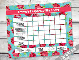 Chore Chart Printable Shabby Chic Art Reward Chart Responsibility Chart Weekly Chore Chart Behavior Chart Chart For Girls You Edit Pdf