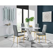 Whatever theme you're going for, a set of stylish dinner plates will help you achieve your desired look. Ivy Bronx Eubanks 4 White Dining Table And 4 Grey Gold Leg Chairs Reviews Wayfair Co Uk