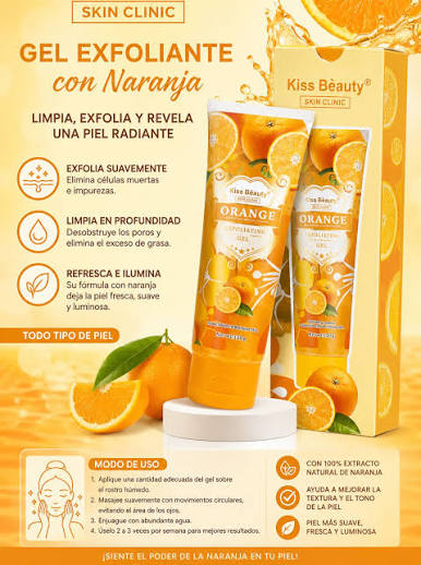 Exfoliante Facial de Naranja Un gel suave y efectivo que estimula la  circulaci&oacute;n, elimina c&eacute;lulas muertas y purifica la piel. Enriquecido con  agua termal, extracto de naranjas y concentrado de vitamina C,