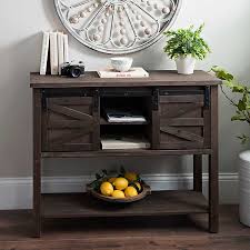 Natural wood sofa table with forged steel base. Cara Promosi Terbaru Farmhouse Barn Door Console Table