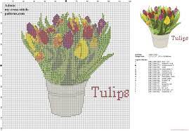 Free flower in containers cross stitch patterns. A Realistic Pot Of Colored Tulips Flowers Cross Stitch Pattern Free Cross Stitch Patterns Simple Unique Alphabets Baby