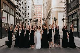 Super Chic Black And White Downtown Wedding At The Pearl Sf Junebug Weddings Black Bridesmaid Dress Winter Black Bridesmaids Black Bridesmaid Dresses Long