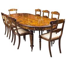 In full disclosure, a farmhouse dining table will make fast friends with virtually any vintage dining chair. Bespoke Handmade Burr Walnut Marquetry Dining Table And Eight Chairs 1stdibs Com Dining Room Sets Dining Room Victorian Colored Dining Chairs
