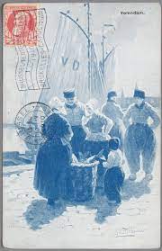 aaquarel of geschilderd groepsportret bij de haven van volendam drie mannen twee vrouwen en een kind staan rond een mand met vis ansichtkaart musea holland