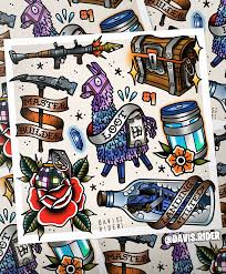 Fortnite Tattoo Flash Sheet I Made Had A Lot Of Fun With It Hope You All Dig It Tattoo Flash Sheet Flash Tattoo Art