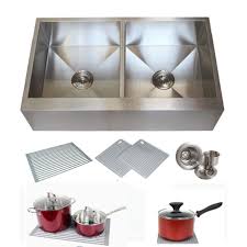 A stainless steel sink with a brushed finish featuring a functional workstation with multiple there are a lot of really great things about the latoscana lfs3318w apron sink, but the thing that is the most popular types of material for farmhouse sinks are stainless steel, fireclay, copper, and cast iron. Farmhouse Stainless Steel Double Bowl 50 50 Apron Sink 0 Radius Home Living Plumbing