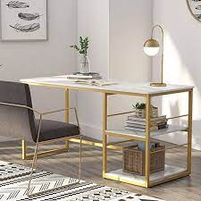 Lazzo 42 gaming desk,home office desk with detachable monitor stand,storage basket,speaker hol. Amazon Com Tribesigns 55 Inch Computer Desk With 2 Tier Storage Shelves Faux Marble Modern Home Offi Office Table Design Modern Home Office Home Office Decor