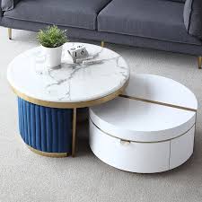 A pretty modern coffee table with 4 nesting stools having rectilinear grey frames of wooden materials. White Nesting Coffee Table With Ottomans Faux Marble Coffee Table With Stool Round Wood Coffee Table With Drawer