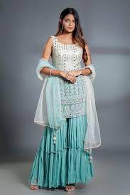 Ombre Ivory To Baby Blue Sharara Pant Set With Chikan Thread Work Kurta Top Matching Dupatta And Light Gold Embellishments Seasons India