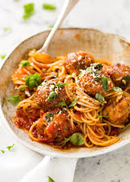 Baked Chicken Meatballs And Spaghetti Recipe Recipetin Eats Baked Chicken Meatballs Chicken Meatball Recipes