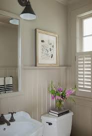 The beadboard paneling is actually a product called hardboard paneling and is not authentic beadboard. Brooks Falotico Sweet Powder Room With V Groove Wainscot And Shutters Painted Entirely Taupe Beadboard Bathroom Painted Wainscoting Wainscoting Styles