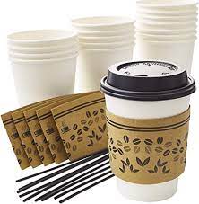 Amazon Com 50pk 12 Oz Disposable Coffee Cup Set With Sleeves Lids And Stirrers Recyclable White Paper Cup Bundle With Stylish Jacket Is Convenient For Business Or Cafes To Serve Hot Beverages And