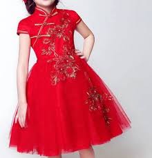 Red Cheongsam Tutu Dress For Kids Chinese New Year Dresses Short Sleeve Dresses Formal Dresses