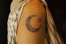 Minimalist matching crescent moon, sun and star temporary tattoos. Outline Star And Crescent Moon Tattoo On Bicep