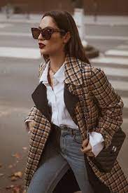 Checkered Coat Winter Coat White Blouse Jeans Street Style Sunglasses Bag Inspiration Blazer Outfits Casual Casual Work Style Plaid Blazer Outfit