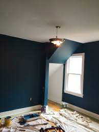 Benjamin Moore Dark Harbor Paint Tinted 25 Darker And Benjamin Moore Chantilly Lace Trim In Living Room Remodel Small Basement Remodel Master Bedroom Paint